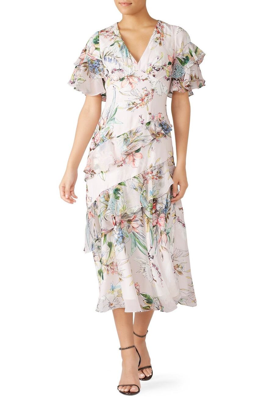 Theia Blush Multi Floral Ruffled Flutter Short Sleeve V-Neck Midi Dress Size 0